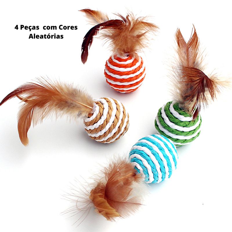 Bola de Sisal com Pena para Gatos - FeatherBall - 4 Peças